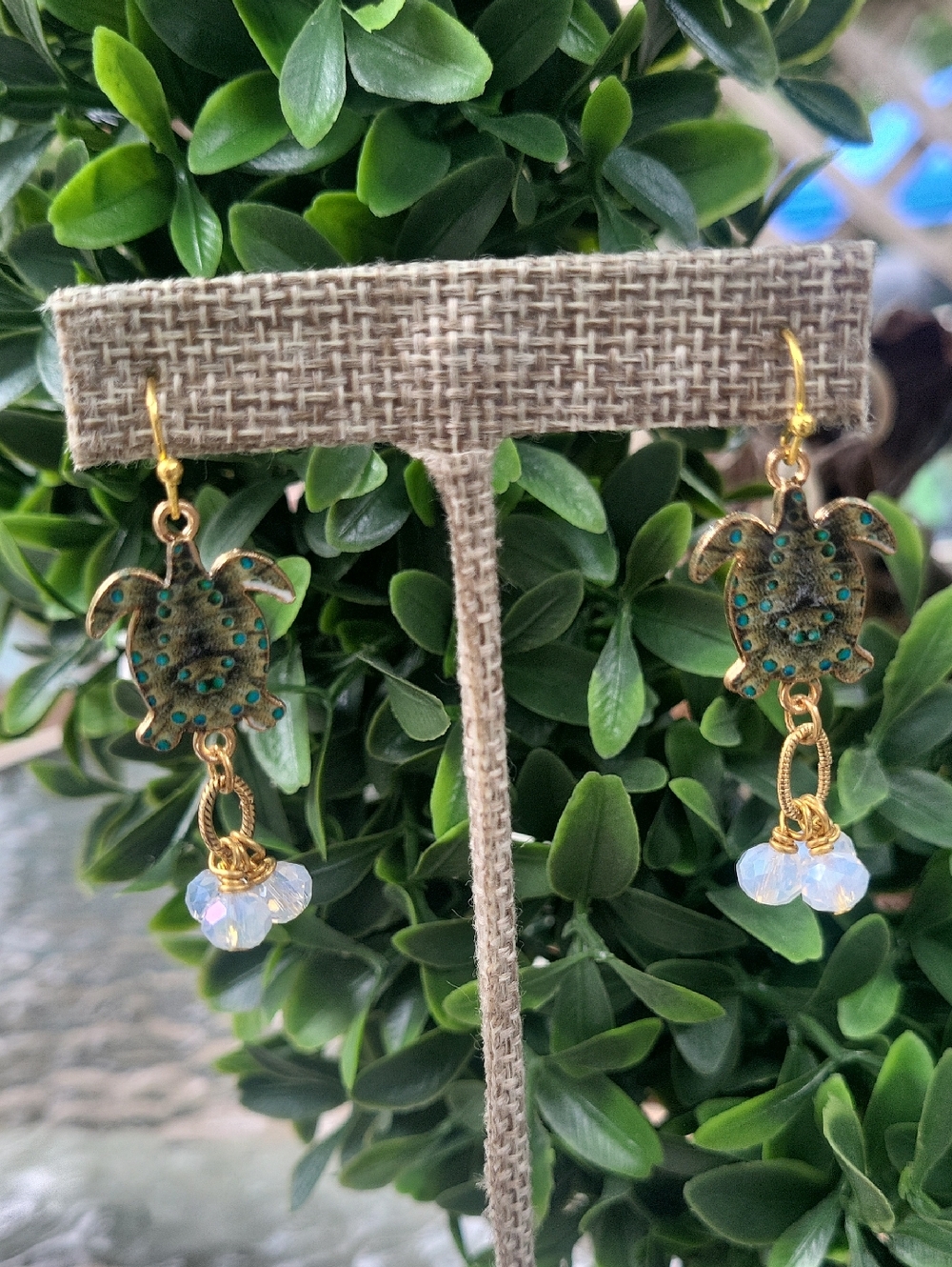 Gold Turtle Earrings with Opalescent Premium AB Crystal Bead Drops